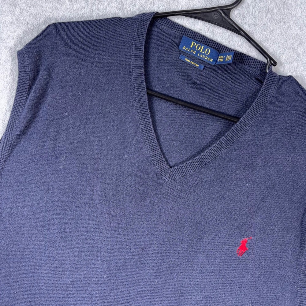Polo Ralph Lauren Sweater Vest Mens 2XL Navy Blue Solid Pima Cotton V-Neck Logo
